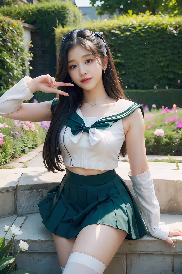 (Extreme Detail CG Unity 8K wallpaper, masterpiece, highest quality), (exquisite lighting and shadow, highly dramatic picture, cinematic lens effect), (Sailor Moon: 1.4), delicate facial features, charming smile, star eyes, ((dark green hair)), tight top, white gloves, mini skirt, dynamic pose, lying in the garden), (background in a garden full of flowers) (excellent detail, outstanding lighting, wide angle), (excellent rendering, enough to be proud of its kind),