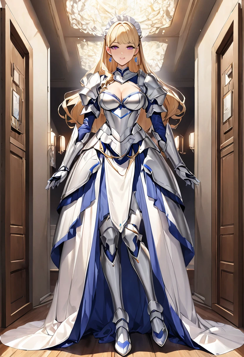 masterpiece、Highest quality、Ultra-high resolution、Maximum resolution、Very detailed、Professional Lighting、anime、Adult female、thin、so beautiful、Beautiful Face、Maid uniform long skirt、((Blue and white armor))、Shiny Armor、Holding a bow、Gold earrings、blonde、Purple eyes、Pink Lips、In front of the entrance、Full Body