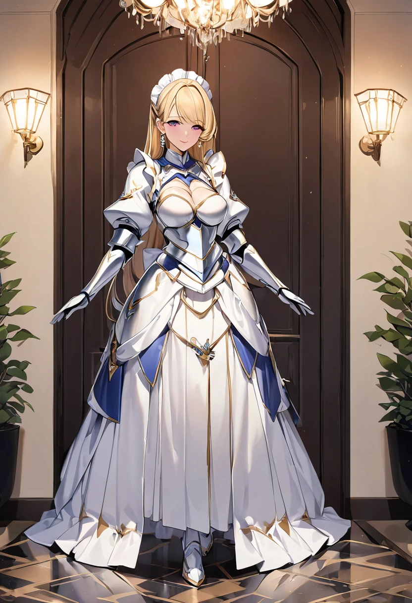 masterpiece、Highest quality、Ultra-high resolution、Maximum resolution、Very detailed、Professional Lighting、anime、Adult female、thin、so beautiful、Beautiful Face、Maid uniform long skirt、((Blue and white armor))、Shiny Armor、Holding a bow、Gold earrings、blonde、Purple eyes、Pink Lips、In front of the entrance、Full Body