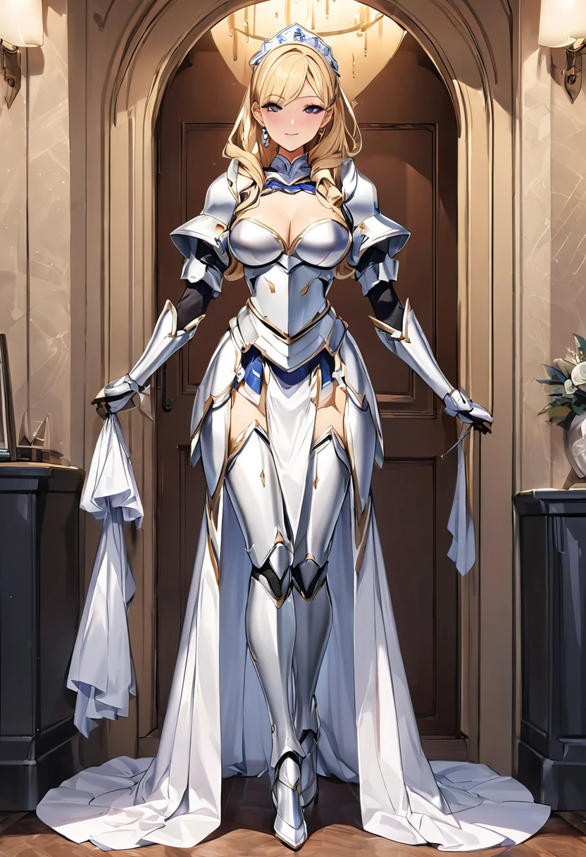 masterpiece、Highest quality、Ultra-high resolution、Maximum resolution、Very detailed、Professional Lighting、anime、Adult female、thin、so beautiful、Beautiful Face、Maid uniform long skirt、((Blue and white armor))、Shiny Armor、Holding a bow、Gold earrings、blonde、Purple eyes、Pink Lips、In front of the entrance、Full Body