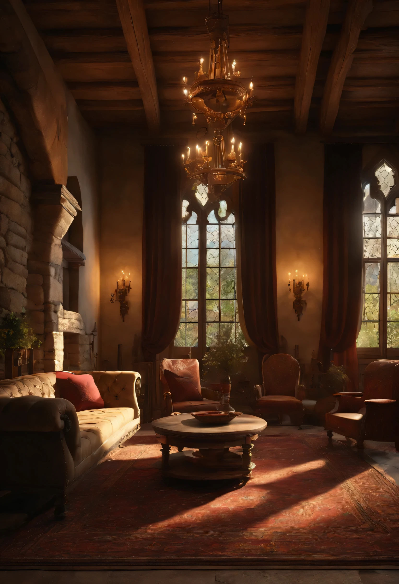 wide shot of medieval living room, medieval house (best quality,4k,8k,highres,masterpiece:1.2),ultra-detailed, vivid colors, physically-based rendering, aged wooden furniture, stone walls, heavily beamed ceilings, light streaming through stained glass windows, soft flickering shadows, a hanging chandelier in the middle, antique rugs covering the stone floor, plush velvet curtains hanging in the windows, a coffee table in the center of the room, armchairs around coffee table, detailed painting.