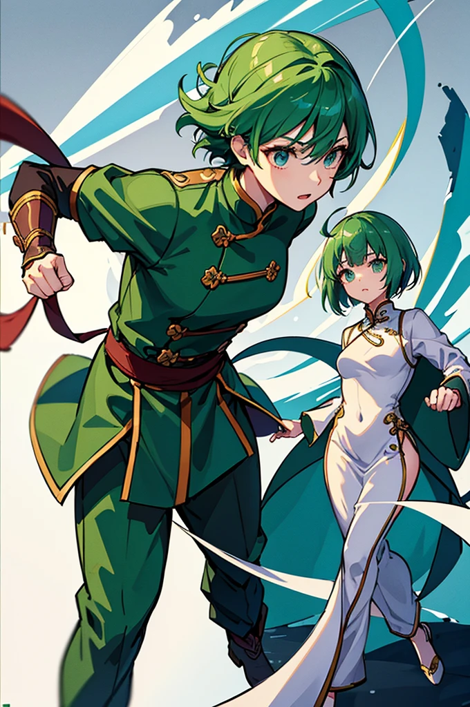 Green Hair、Her hair is short、small breast、standing、full body、Fighter、male、Uniform、Chinese Knight、Chinese style、White background、No exposure、China dress、pants、band、front、White clothes、Kung Fu