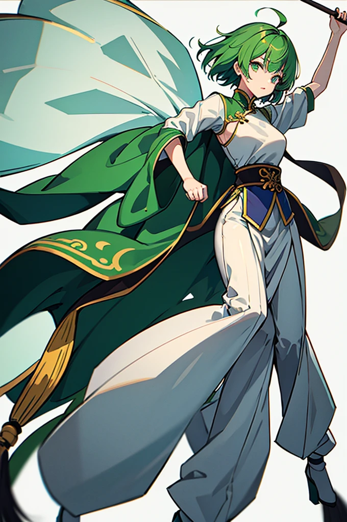 Green Hair、Her hair is short、small breast、standing、full body、Fighter、male、Uniform、Chinese Knight、Chinese style、White background、No exposure、China dress、pants、band、front、White clothes、Kung Fu