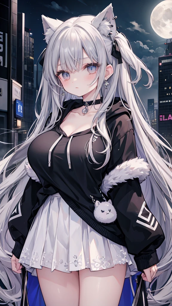 Masterpiece、Highest quality、Super detailed、Fluffy and soft long hair、Gray Hair、Diamond Eyes、Big Tits、Too big breasts、Neon Town、hoodie、mini skirt、Earrings、choker、moonlight