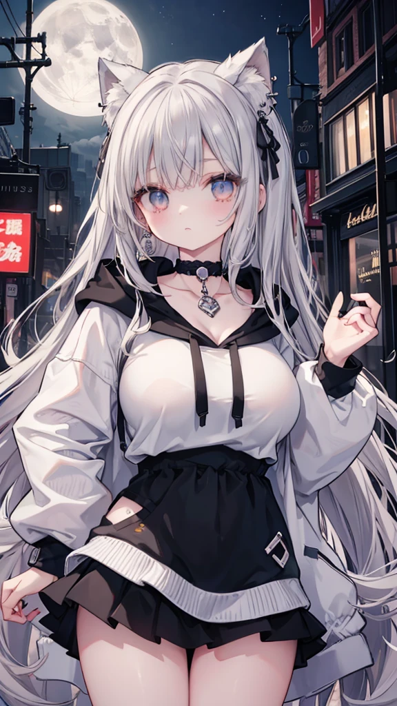Masterpiece、Highest quality、Super detailed、Fluffy and soft long hair、Gray Hair、Diamond Eyes、Big Tits、Too big breasts、Neon Town、hoodie、mini skirt、Earrings、choker、moonlight