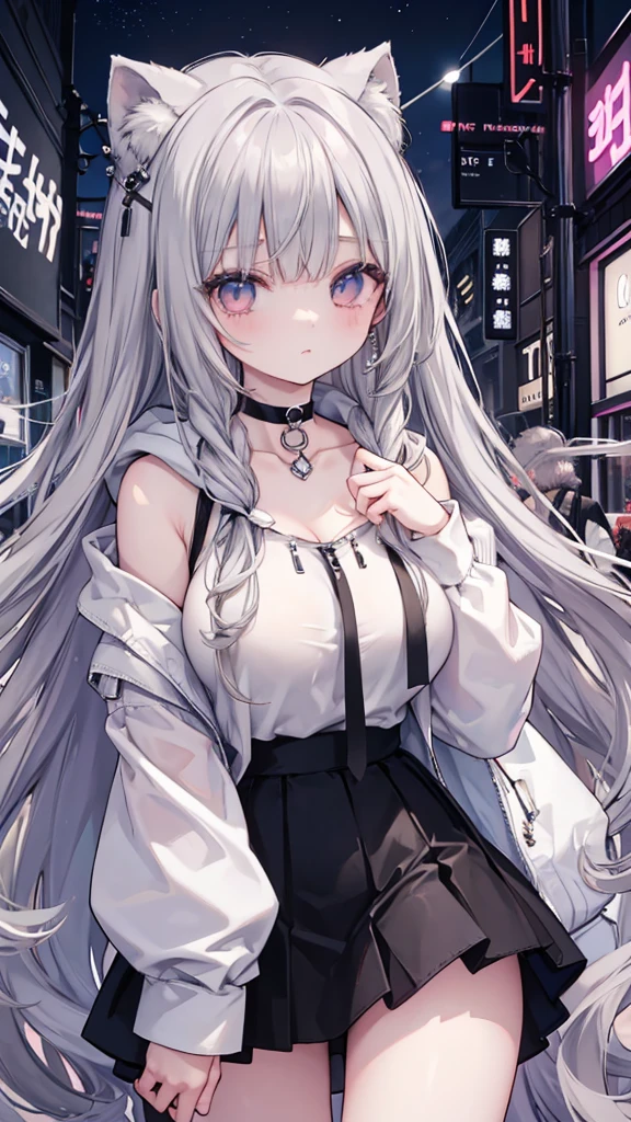 Masterpiece、Highest quality、Super detailed、Fluffy and soft long hair、Gray Hair、Diamond Eyes、Big Tits、Too big breasts、Neon Town、hoodie、mini skirt、Earrings、choker、moonlight