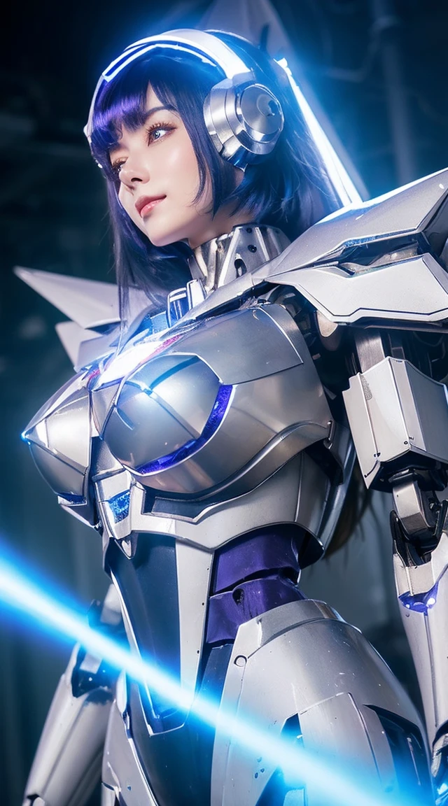 ((Intense action pose:1.6))、((Shining lenses on both breasts:1.3))、((Blue pillars of light are emanating from both chests.:1.3))、smile、((8K)), ((32k)), ((Highest quality)), ((masterpiece)), ((超A high resolution)), ((Tmasterpiece)), ((Halation:1.4))、((Mechaニカルheadgear:1.2))、((Cyber Headphones:1.3))、Fine skin, High quality fabric, Fine metal texture、((Beautiful and dense face))、RAW Photos、Professional, Ultra-fine painting, ((alone)), Beautiful breasts、Highest quality, Very detailed, Very detailed詳細, Finer details, so beautiful, ((Princess Knight Robot:1.2)), (Joints of machines, Mechanical Limbs:1.3), (The internal structure of the machine is exposed:1.3), (Long silver hair:1.1), (Beautiful and huge mechanical breasts)、White Veil, cowboy_shot, Side Focus, headgear, Shiny、(Five Fingers, Four fingers and thumb),Concept Art, Anime fantasy artwork, Detailed fantasy art, (with pale blue-violet hair and large white wings,,,,,,,), (((Long silver hair))), (Mecha:1.6)、Sleek and intimidating design, ((Commander-in-Chief'arm)), (Perfect robot body)、純白と青紫armまたは, Symmetrical wings, 8K high quality, detailed art, 3D rendering of character art in 8K, neat legs, Defined, Defined fingers,