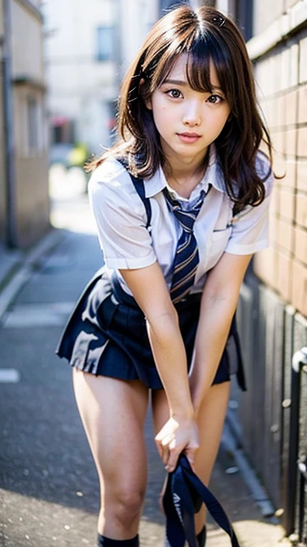 (Realistic, photo Realistic:1.2), ((Highest quality)), ((Detailed eyes、Beautiful Eyes、Fine Eyes))、Summer clothes、Realign the center of gravity of curly hair, Quite embarrassing, Tight Skirt,  (Pull-up skirt:1.3), Black Penny Loafers, Beautiful face details, Real human skin, Gentle expression, angle from below, Realistic, photoRealistic, cute, Short skirt,  deep on school grounds, cute school girl, Japan