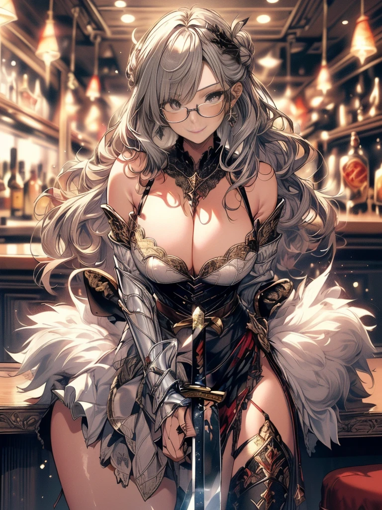 (Highest quality, masterpiece), (Ultra-high resolution, 8k RAW photos, Photorealistic:1.5, Cinema Lighting, Fabric Shading, Thin contours, Clear focus:1.2), Beautiful mature woman, Leaning forward, Long legs, Gray Hair, (Wearing thin glasses:1.5), (Mature Woman:1.5, 28 years old, alone), (1 female:1.6), (Large Breasts, Saggy breasts, big , Tight waist), whole bodyesbian, (medium short Gray Hair, Hair on one eye, (Updo:1.2), Side Lock, Asymmetrical Hair, Wavy Hair), (thin and bright pupils, Highlighted, detailed eyes:1.3, A face with attention to detail, perfect face shape, Bloodshot eyes), (A seductive smile, Half-close your eyes:1.2), (Looking at the audience:1.3), (Dutch Angle, whole body:0.3, From below:1.2), ((Correct Anatomy:1.5, The right move)), (Ideal body proportions),(((Fluttering lace flared mini skirt, Sexy silver armor with attention to detail:1.5、red and black boots、Silver Helmet、Silver Gauntlets、Jeweled、Gold decoration)))、Slender、(Thighs Thighs Thighs Thighs:0.8)、(At the bar、Artistic stained glass、Hello Point、Mysteriouany feathers floating、Angelic、Particles of light、Solemn、Nikko is、colorful、Fantastic:1.2)、(Fantastic:1.3)、(Have a big sword:1.8)、Cross Necklace:1.2