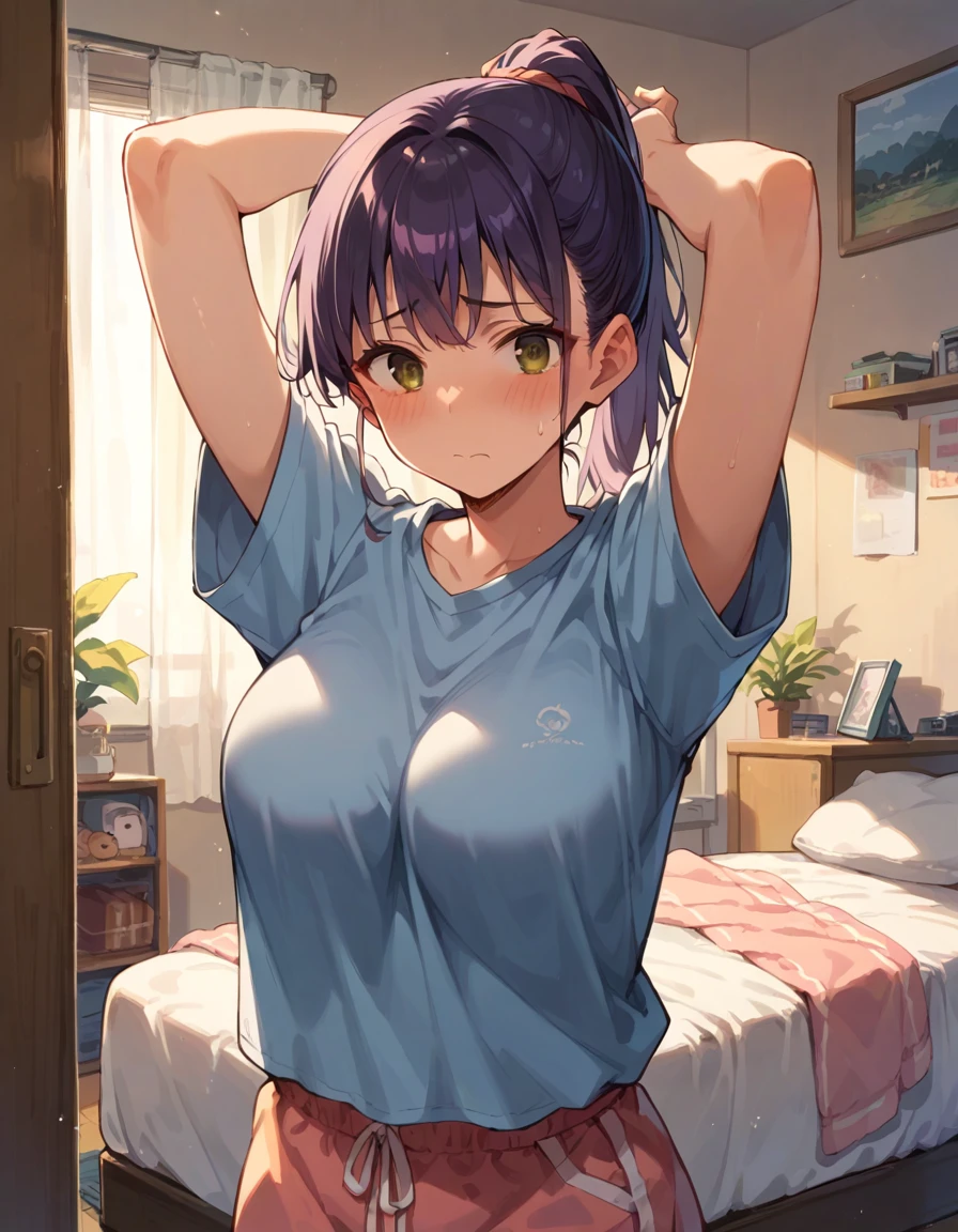 score_9, score_8_up, score_7_up, source_anime, 1girl, dark purple hair, brown eyes, ponytail, large breasts, loose body, embarrassed, pose, arms up, private room, apartment,