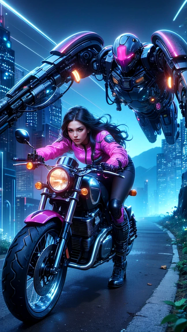 top quality, future world, State-of-the-art robot, Beautiful Woman, flying hair, Transformed into a cyborg except for the face, sexy images, whole body photo, ((Motorcycle, bike))