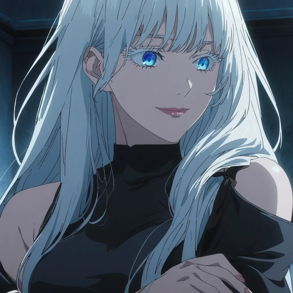 1girl, female gojo satoru, anime screencap from jujutsu kaisen, gojo satoru female version, solo, long_hair, blue eyes, ((white eyelashes)), ((white_hair)), night view, breasts, upper_body, smile, indoors, book, bangs, blue_eyes, lips, (wearing round sunglasses) , ((her hairstyle : The character in the image has long straight white hair, hair on her shoulder )) wearing black color party dress, bare shoulder, breast, "very detailed and high resolution" (blue eyes) ((cross arms))  ((long hair)) ((solo)) ((high resolution)) ((upper body)) (Good quality)