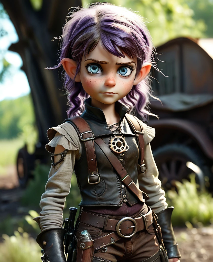 cute elf, (toon elf with extremely cute eyes)), (((elf))), ((((high resolution))), (((extremely detailed))), ((masterpiece)), dramatic shadows, depth of field, analog photo style, (world in which are collide steampunk and postapocalyptic vibes), postapocalyptic cute female in steampunk aesthetic, torn dirty clothes, depth of field, full body shot, unzoomed, (perfect body: 1.4), (sidecut short hairstyle), (stalking is quite common, although not the best way to make a living), stylized atmosphere of unreality, dark atmosphere, dynamic pose, in motion, Armageddon, increase cinematic lighting, highly lifelike skin texture, parted lips, weary eyes, fine eyes, whitened skin, random hair colour, doomsday aura, (Mad Max world), (The Walking Dead world)