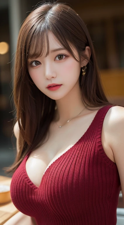 Tabletop, Highest quality, figure, Super detailed, In detail, High resolution, 8k wallpaper, Perfect dynamic composition, Beautiful attention to detail, Natural Lip, Red knit dress , Big Breasts, Cleavage