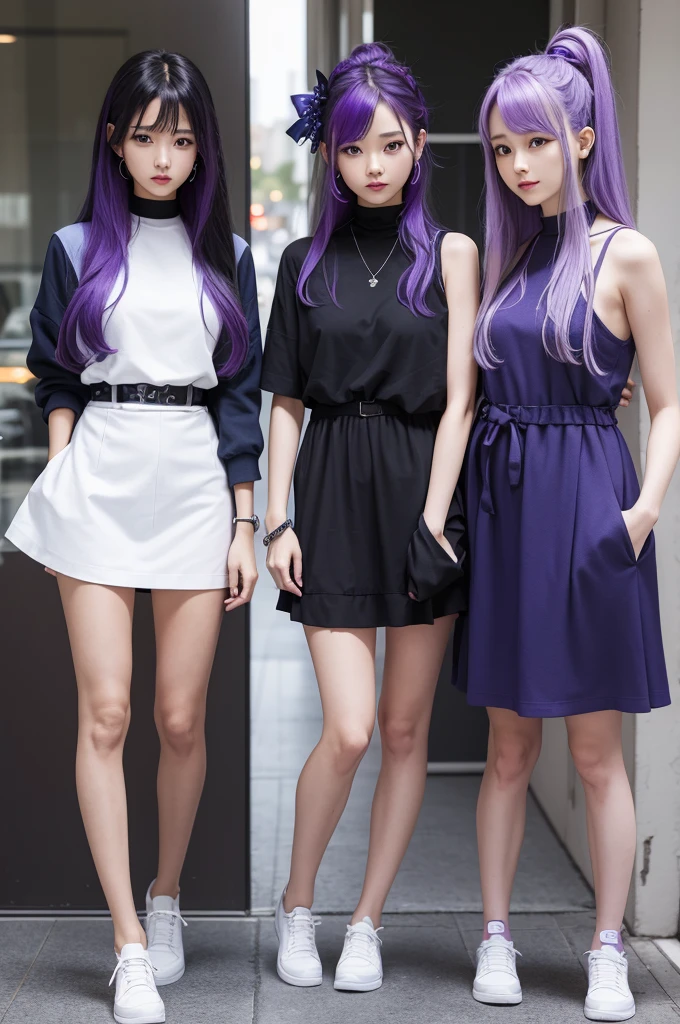 Create 4 outfits for the aespa members, they all have to be straight, purple and blue, in their hair a black streak 
