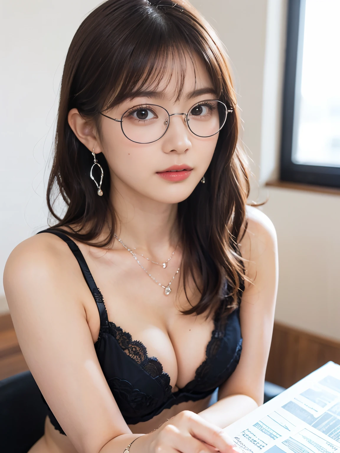 nsfw, (masterpiece, 8k, best quality, RAW photo, photo realistic, ultra detailed), (beautiful Japanese girl), slender, 20yo, kawaii, cute, detailed face, (thin eyebrow), detailed skin, (light brown hair), (wavy hair), (medium hair), blush, (small breasts), cleavage, (bra:1.3), (panties:1.2), (wearing black rim glasses), (cameltoe), (lace underwear:1.3), (wedgie), navel open, earrings, (necklace), bracelet, hair ornament, (looking at viewer:1.4), (spread legs), (close-up face), (seductive pose:1.2), (working), BREAK (modern office:1.2), (cowboy shot), large window, (pile of documents on the desk:1.2), (pc:1.2)