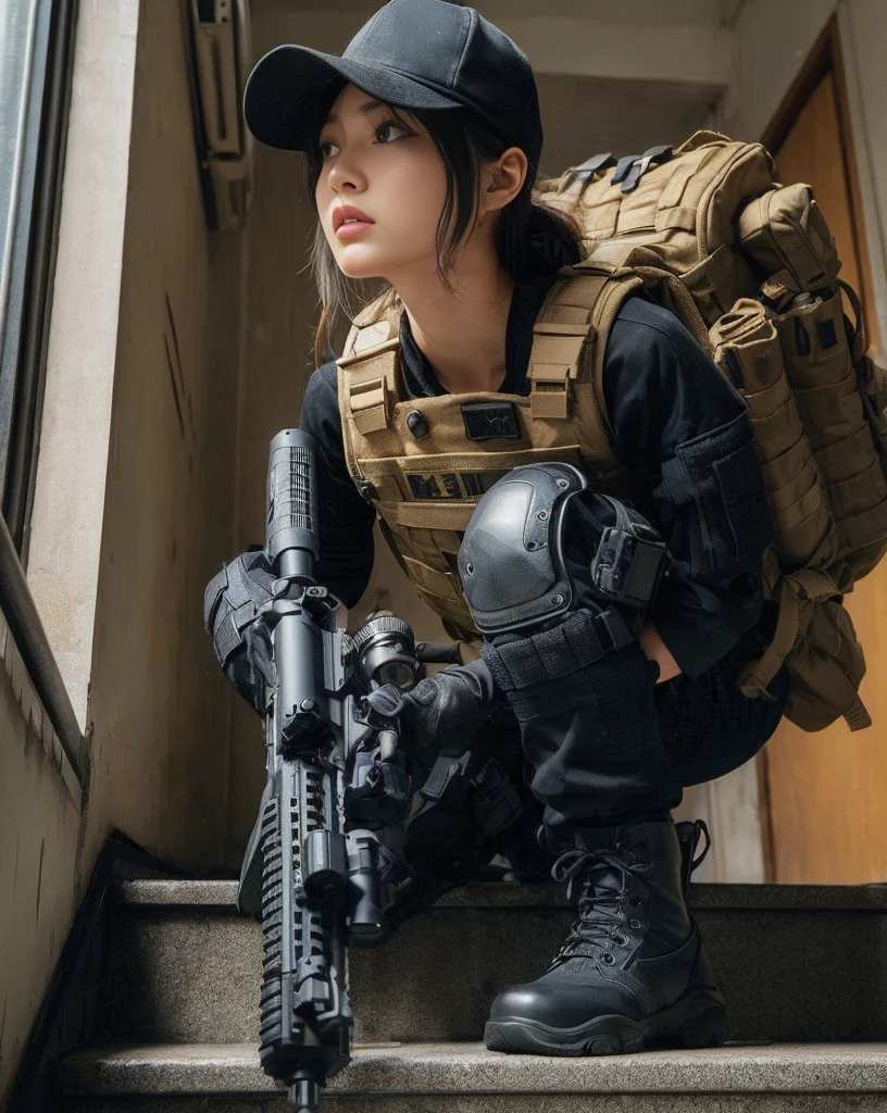 8K,Realistic Photo、Realistic Skin Texture、Superrealism、Japanese female member of FBI SWAT、nervous、Vigilance、Accurate equipment depiction、cap、Operation、Carefully climbing the stairs of a building、Stains on the wall、Suggestive wall graffiti、demarcation