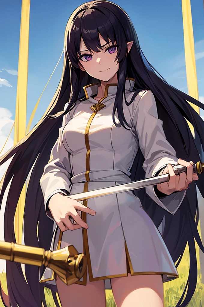 Highest quality, masterpiece, High resolution, alone, （Fire emblem），（FE Heroes_Ayla），Evening sky_background，Young Girl，（smug face），（black_Hair Color）, （Straight Long_Hairstyle），4K, masterpiece,， alone, 1,whole body，looking at the camera, White Domaru，（Long sword），human_ear，（purple_coat）Sharp Eyes，（Full Finger）, （Cane_Swing up）, （The finer details）, （Anatomically correct）, (映画のbackground), Hyper Detail, (Subtle details), (Intricate details)