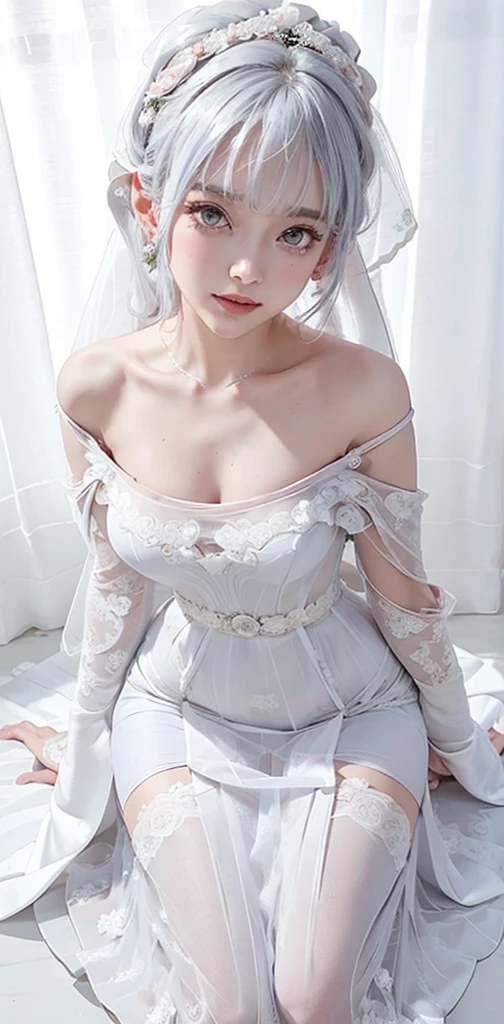 Character Details:, - Gender: 1 Girl. - Style: Anime, - Body Type: Attractive body, slim body, nice legs, slim tights, nice arms, nice shoulders. - Breast: ((Small Breast:1,5)), Cleavage. - Facial Feature: Beautiful, Gorgeous, Teenager, Fresh, Young. - Expression: Shy, Smile, Horny, Pink Blush on Face, Sexy Eyes, Sexy Look, (Sweating:1.4), Innocent Look, Tipsy. - Hairstyle: Blunt Bangs, Long Hair. - Hair Color: Light Blue Hair. - Clothing: ((Full Gown, Wedding Dress:1.6)), (off-shoulder:1.6), (Stocking:1.4). - Body Pose: (Kneel). - Behaviour: Waiting, Want Something, Secretly. - Accessories: Earrings., Environmental Details:, - Setting: Bed Room., - Lighting: Natural Light., - Decoration: Modern Bed, Desk, Chair, Window, ((White Curtains:1.6)), City View. Top view. pov, anime style, UHD, retina, masterpiece, accurate, anatomically correct, textured.