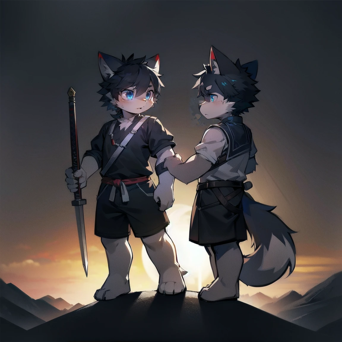 White Wolf，black hair，Sky blue eyes，hairy，Wolf ears，Wolf tail，Full body portrait，The character is in the center of the frame，Handsome，Confident eye***but，juvenile，Black and white combat uniform，Red neck bib，Black shorts，Short sleeve，hairy arms and legs，Dark background，Dark battlefield，dawn，sunrise，dawn，illumination，shadow，Swordsman，Scabbard and Hold the hilt of a in your hand，The scabbard is at the waist，Highest quality,A tall stature