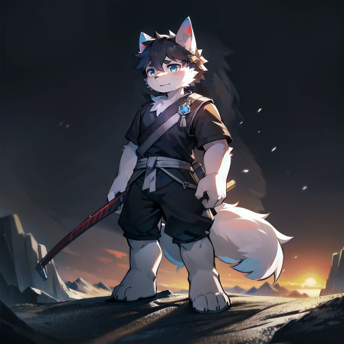 White Wolf,black hair,Sky blue eyes,hairy,Wolf ears,Wolf tail,Full body portrait,The character is in the center of the frame,Handsome,Confident eye***but,juvenile,Black and white combat uniform,Red neck bib,Black shorts,Short sleeve,hairy arms and legs,Dark background,Dark battlefield,dawn,sunrise,dawn,illumination,shadow,Swordsman,Scabbard and Hold the hilt of a in your hand,The scabbard is at the waist,Highest quality,A tall stature