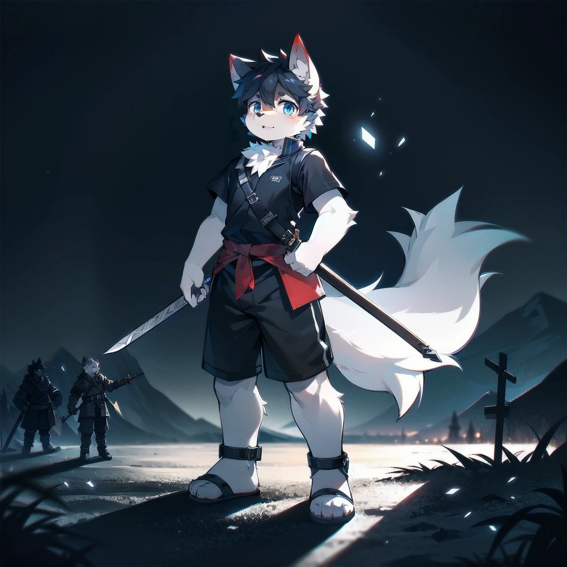 White Wolf,black hair,Sky blue eyes,hairy,Wolf ears,Wolf tail,Full body portrait,The character is in the center of the frame,Handsome,Confident eye***but,juvenile,Black and white combat uniform,Red neck bib,Black shorts,Short sleeve,hairy arms and legs,Dark background,Dark battlefield,dawn,sunrise,dawn,illumination,shadow,Swordsman,Scabbard and Hold the hilt of a in your hand,The scabbard is at the waist,Highest quality,A tall stature