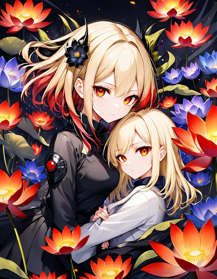 ódio no olhar Exquisite and charming anime style illustration, android 18 Naruto fusão com Vegeta dark Venom fire in the lotus flower black fire black bed, a beautiful girl with withe red gold hair, gold eyes, half body, hiding in the flowers dark black , colorful and dazzling black . Intricate details, rendering and painting techniques come together to create a mesmerizing scene that evokes elegance and otherworldly elegance.