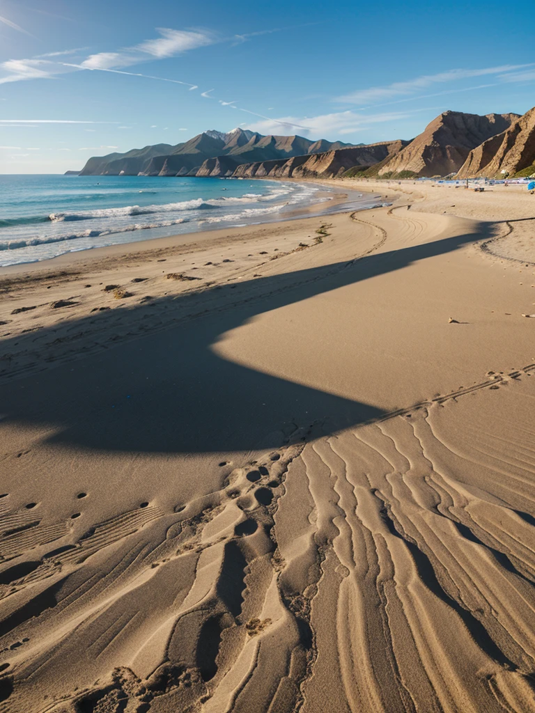 Realistic photo, beach, fine sand, mountain, blue sky, photo, great quality, hyper detailed