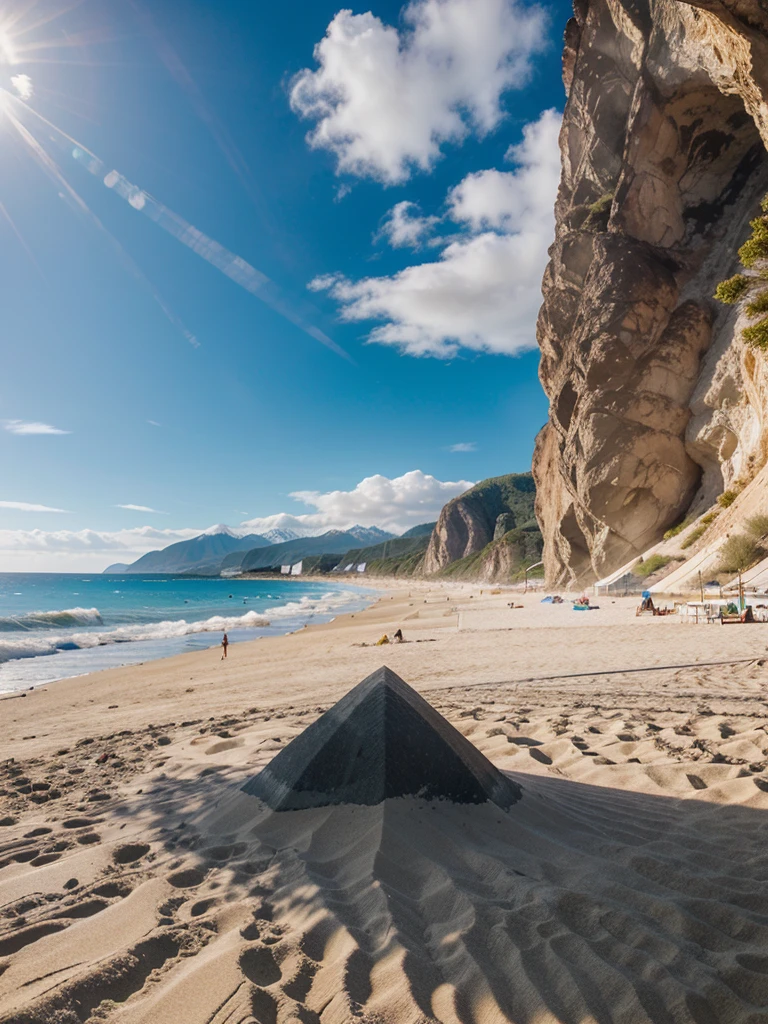 Realistic photo, beach, fine sand, mountain, blue sky, photo, great quality, hyper detailed