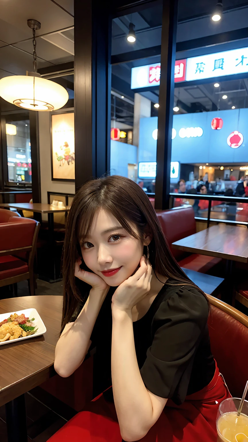 highest quality, masterpiece, 8K, ultra high resolution, (realistic: 1.4), beautiful face, symmetrical eyes, Japanese, 20 years old, brown hair, smile, wearing makeup, high-definition images, atmospheric perspective, super detail, accurate, best quality, (angle from under the table), a Japanese lady, drooping eyes, sleepy face, blush, in the city, busy, skyscrapers, skirt, high heels, necklace, red blouse , restaurant with large windows, takes a seat, (other customers), night scene, windows have harbor view, foods, romantic dinner