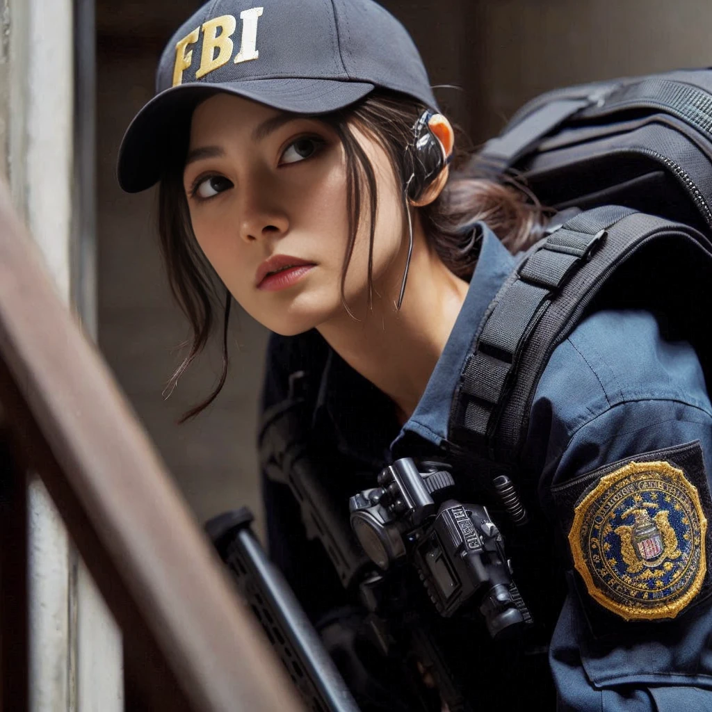 8K,Realistic Photo、Realistic Skin Texture、Superrealism、Japanese female member of FBI SWAT、nervous、Vigilance、Accurate equipment depiction、cap、Operation、Carefully climbing the stairs of a building、Stains on the wall、Suggestive wall graffiti、demarcation