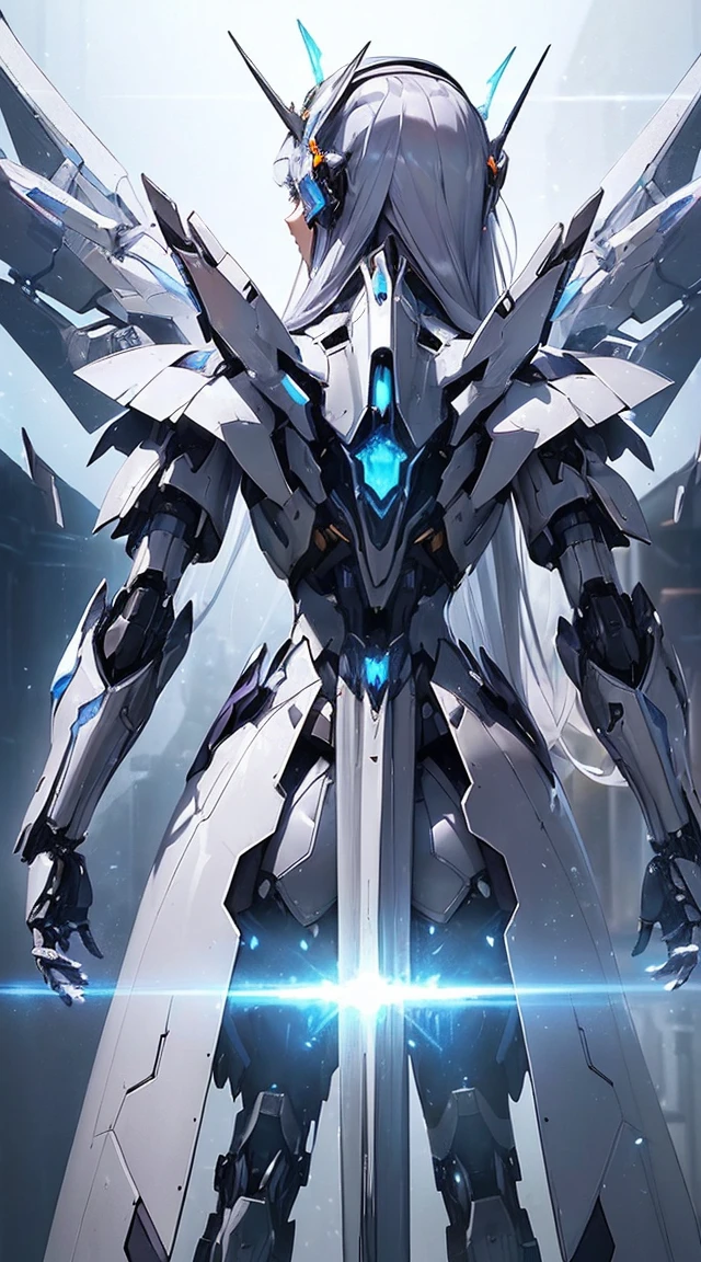 (((Photo from behind:1.6)))、((Lenses shining on both breasts:1.3))、((Blue pillars of light radiate from both of his chests..:1.3))、(Dynamic pose:1.6)、smile、((8K)), ((32k)), ((Highest quality)), ((masterpiece)), ((Ultra-high resolution)), ((Tmasterpiece)), ((Hello:1.4))、((Mechaニカルheadgear:1.2))、((Cyber Headphones:1.3))Fine skin, High quality fabric, Fine metal texture、((Beautiful and dense face))、RAW Photos、Professional, Ultra-fine painting, ((alone)), Beautiful breasts、Highest quality, Very detailed, Very detailed詳細, Finer details, so beautiful, ((Princess Knight Robot:1.2)), (Joint of the machine, Mechanical Limbs:1.3), (The internal structure of the machine is exposed:1.3), (Long silver hair:1.1), (Beautiful and huge mechanical breasts)、White Veil, cowboy_shot, Side Focus, headgear, Shiny、(Five Fingers, Four fingers and thumb),Concept Art, Anime fantasy artwork, Detailed fantasy art, (with pale blue-violet hair and large white wings,,,,,,,,), (((Long silver hair))), (Mecha:1.6)、Sleek and intimidating design, ((Commander-in-Chief'arm)), (Perfect robot body)、純白と青紫armまたは, Symmetrical wings, 8K 高品質詳細アート, 3D rendering of character art in 8K, neat legs, Defined, Defined fingers,((headshot:1.3))