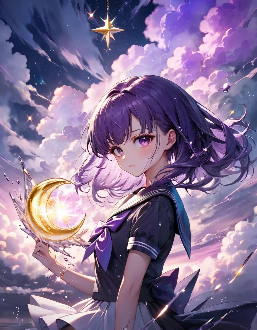 by Sady Sadness 💚 8k, fine art, gloomy, dark fantasy. bright, beautiful, vegeta + sailor moon splashes,Glittering, sweet and enchanting, soft purple Clouds, delicate, edge lighting, lights, extreme, magic, surreal, fantasy