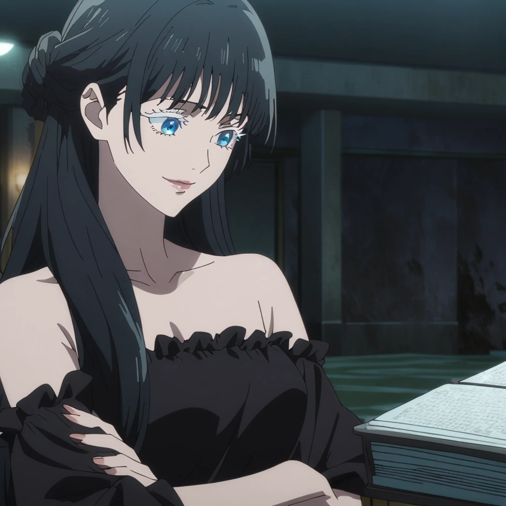1girl, female gojo satoru, anime screencap from jujutsu kaisen, gojo satoru female version, solo, long_hair, blue eyes, ((white eyelashes)), ((black_hair)), night view, breasts, upper_body, smile, indoors, book, bangs, blue_eyes, lips, (wearing round sunglasses) , ((her hairstyle : The character in the image has long straight black hair)) wearing black color party dress, bare shoulder, breast, "very detailed and high resolution" (blue eyes) ((cross arms)) ((long hair)) ((solo)) ((high resolution)) ((upper body)) (Good quality)