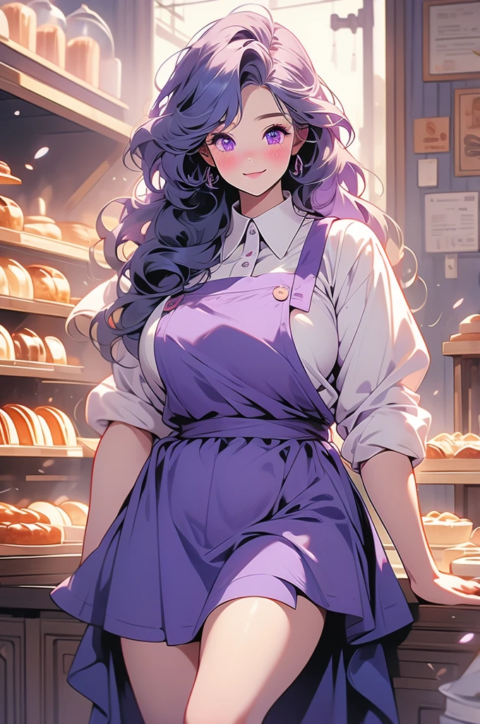 1girl, plump curves, colossal, giant, tall, curled violet hair, long hair, violet eyes, blush, sad smile, bakery shop, apron, skirt, blouse, happy