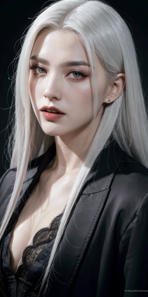 Insanely detailed photograph of a gorgeous vampire man, goth Renaissance, long voluminous white hair, intricate white  eyes, fantastical, vampire, ethereal, hyperdetailed, 32k resolution, dynamic lighting, hyperdetailed, intricately detailed, trending on Artstation, triadic colors, volumetric lighting, BalenciagaStyle