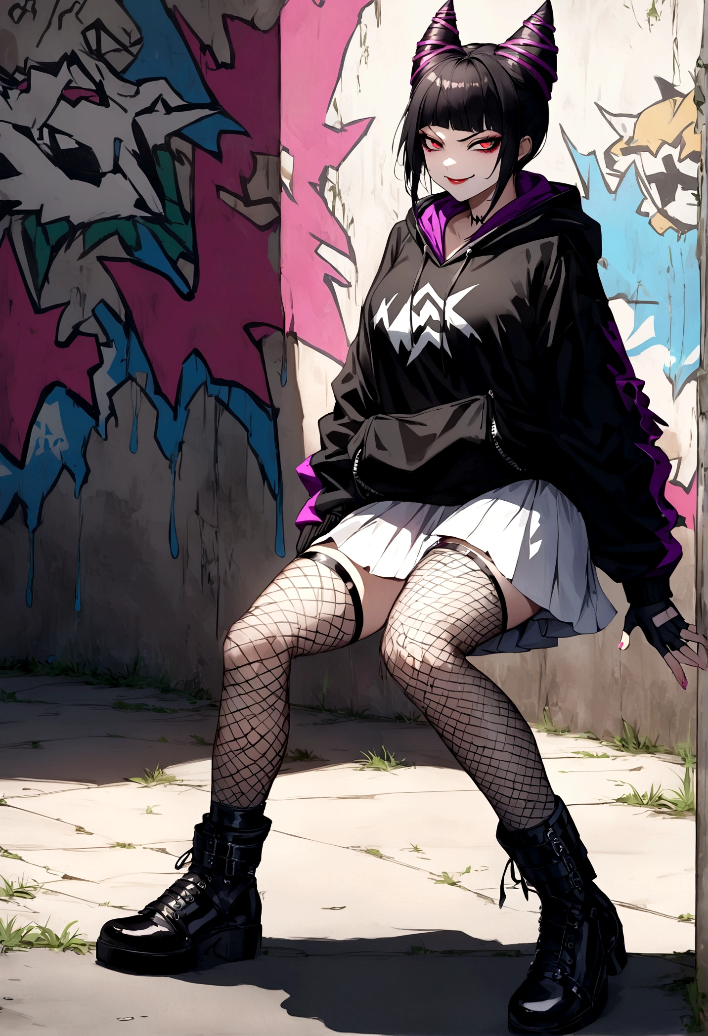 juri han, work of art, black hair, hair horns, black alan walker hoodie,white miniskirt, fishnet stockings, black punk boots, black fingerless gloves,evil smile, graffiti