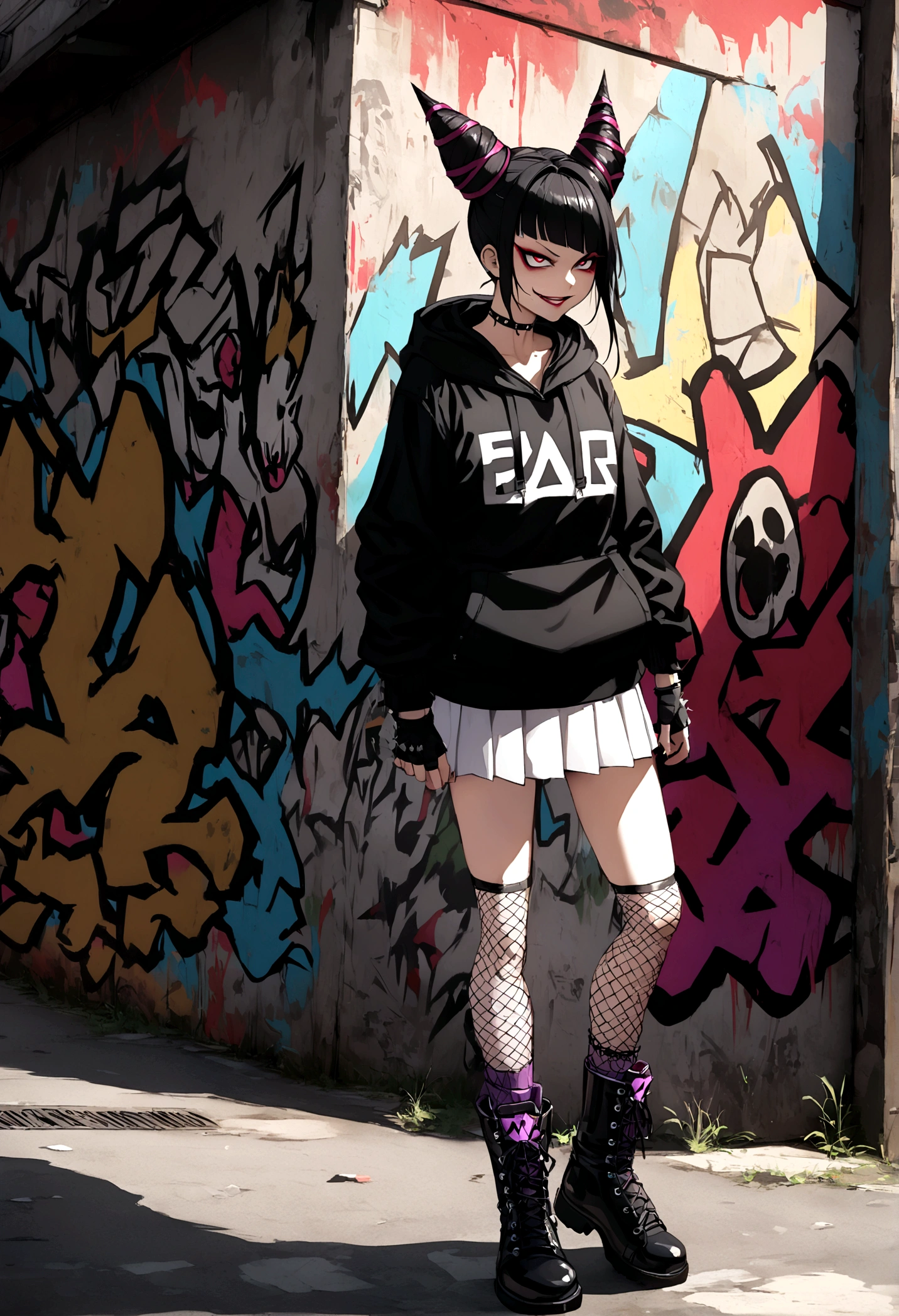 juri han, work of art, black hair, hair horns, black alan walker hoodie,white miniskirt, fishnet stockings, black punk boots, black fingerless gloves,evil smile, graffiti