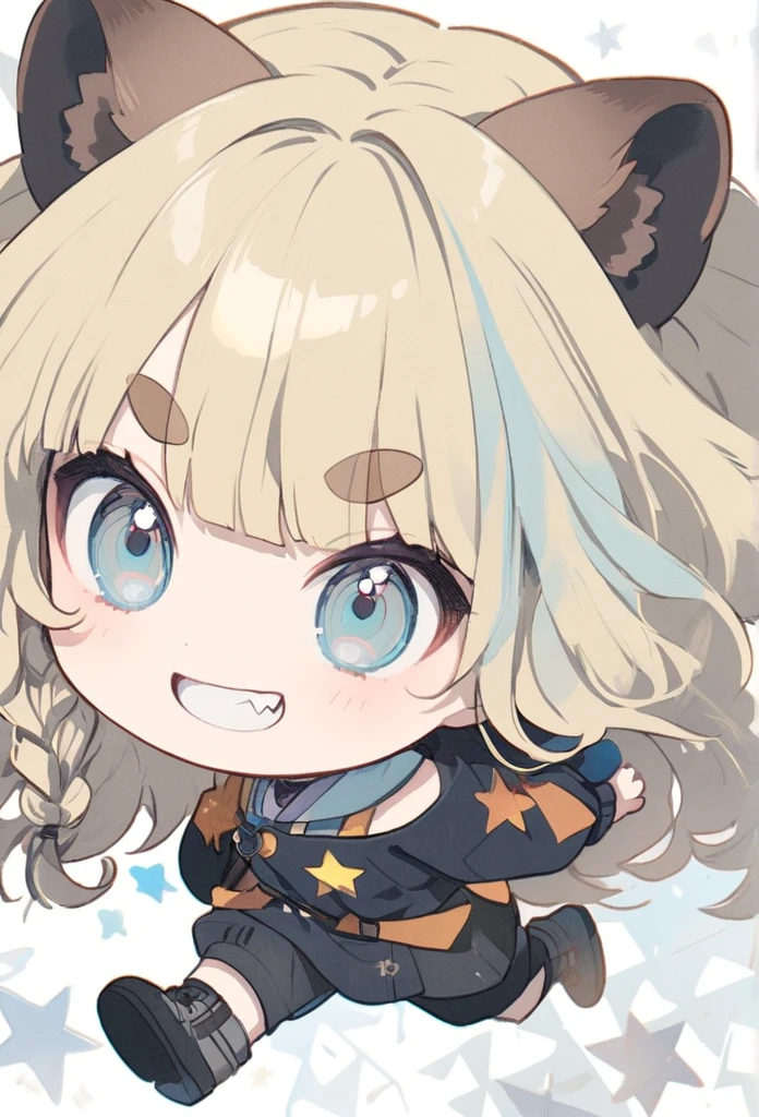 chibi, anime,(pale colors:1.8),long shot, 1girl, solo, (on right:1.3), full body, solo, grin, dynamic angle, rushing forward, fang, light yellow hair, racoon ears, racoon tail, (brown streaked hair:1.3), side braid, (blunt bangs), wavy hair,thick eyebrows, offshoulder clothes, star geometry background, 