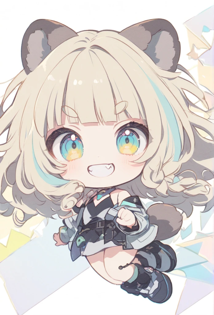 chibi, anime,(pale colors:1.8),long shot, 1girl, solo, (on right:1.3), full body, solo, grin, dynamic angle, rushing forward, fang, light yellow hair, racoon ears, racoon tail, (brown streaked hair:1.3), side braid, (blunt bangs), wavy hair,thick eyebrows, offshoulder clothes, star geometry background,