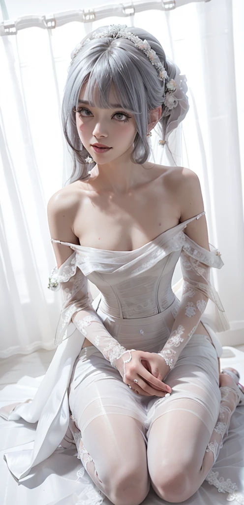 Character Details:, - Gender: 1 Girl.
- Style: Anime, - Body Type: Attractive body, slim body, nice legs, slim tights, nice arms, nice shoulders. - Breast: ((Small Breast:1,5)), Cleavage.
- Facial Feature: Beautiful, Gorgeous, Teenager, Fresh, Young.
- Expression: Shy, Smile, Horny, Pink Blush on Face, Sexy Eyes, Sexy Look, (Sweating:1.4), Innocent Look, Tipsy. - Hairstyle: Blunt Bangs, Long Hair. - Hair Color: Light Blue Hair.
- Clothing: ((Full Gown, Wedding Dress:1.6)), (off-shoulder:1.6), (Stocking:1.4). - Body Pose: (Kneel). - Behaviour: Waiting, Want Something, Secretly.
- Accessories: Earrings., Environmental Details:, - Setting: Bed Room., - Lighting: Natural Light., - Decoration: Modern Bed, Desk, Chair, Window, ((White Curtains:1.6)), City View. Top view. pov, anime style, UHD, retina, masterpiece, accurate, anatomically correct, textured.