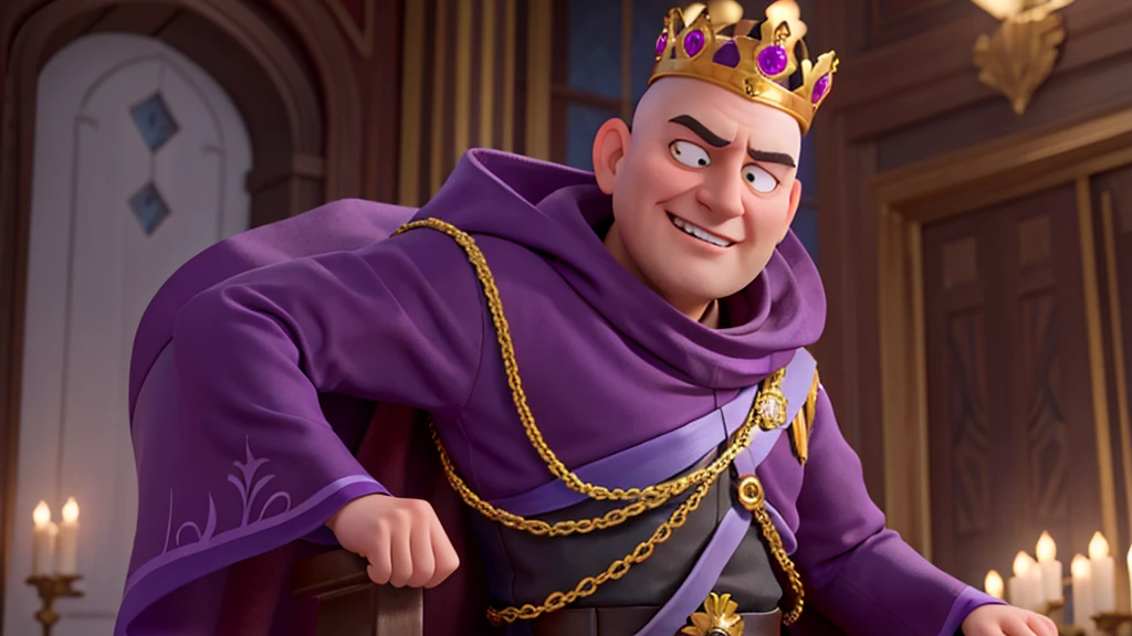 Imagine Gru, the character from "Despicable Me", dressed in a royal robe adorned with a purple and gold cape, richly decorated with symbols of power. He would have a majestic crown on his head, set with sparkling jewels. Instead of the usual attire, he would wear royal robes that combine elegance with a touch of his unique personality and a determined look, as if he is ready to rule his own evil kingdom!