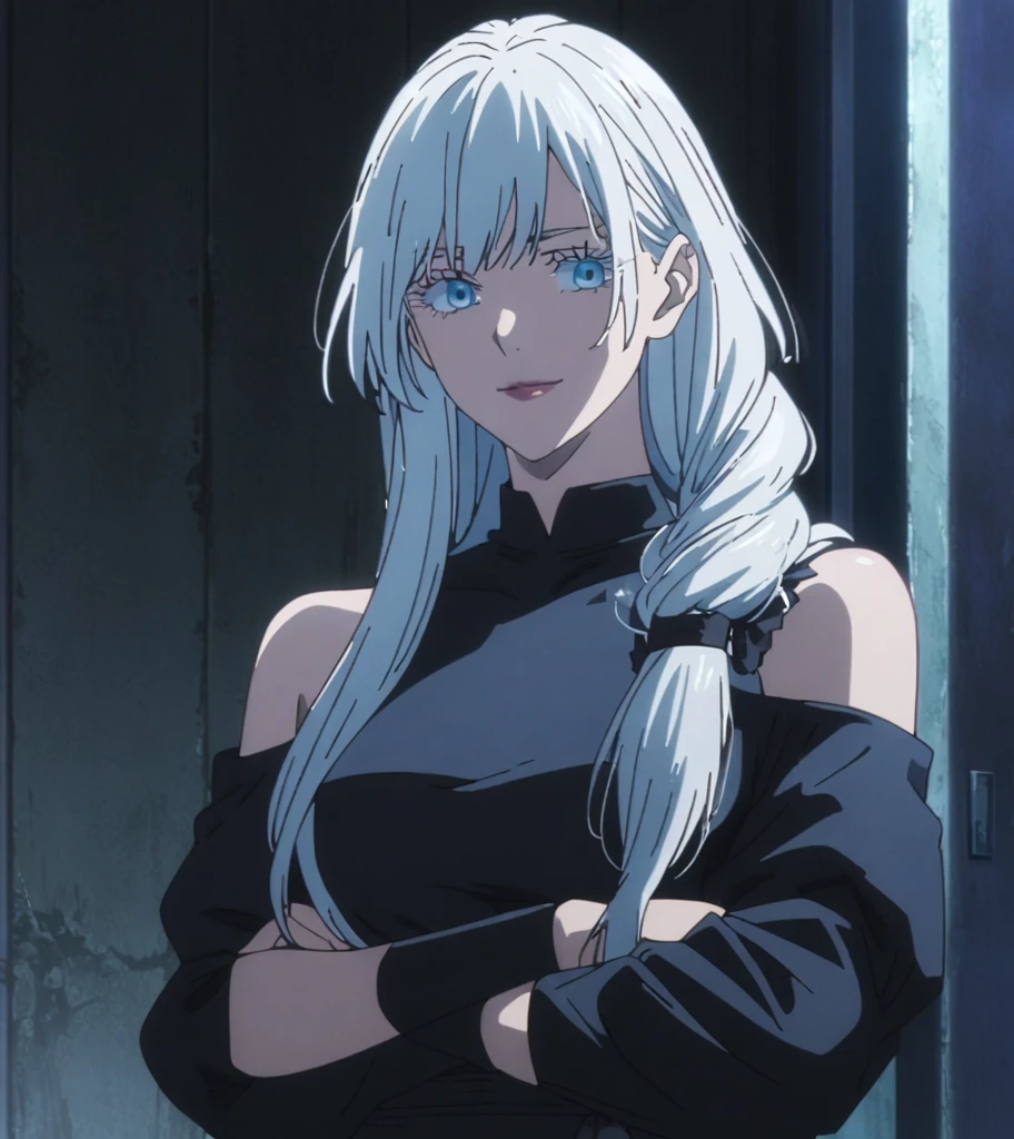 1girl, female gojo satoru, anime screencap from jujutsu kaisen, gojo satoru female version, solo, long_hair, blue eyes, ((white eyelashes)), ((white_hair)), night view, breasts, upper_body, smile, indoors, book, bangs, blue_eyes, lips, (wearing round sunglasses) , ((her hairstyle : The character in the image has long straight white hair, hair on her shoulder )) wearing black color party dress, bare shoulder, breast, "very detailed and high resolution" (blue eyes) ((cross arms))  ((long hair)) ((solo)) ((high resolution)) ((upper body)) (Good quality)