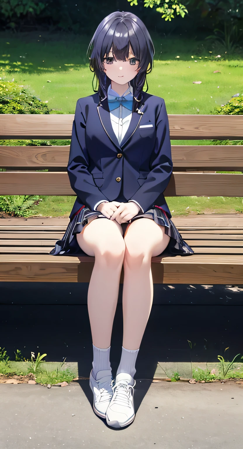 Highest quality, masterpiece, High resolution, (Head to Toe full body), front, frontComposition from slightly below, Symmetric, Tall 18 year old girl, alone, (Head to Toe), (Small breasts), Black Hair, bangs, (sneakers),（socks） (Sit with your legs apart), (Crouching pose), (Sit on a bench with your legs spread), (M-shaped feet),、 Thin legs, Very beautiful tall 18 year old girl, Looking into the camera, blazer uniform, Checkered Pleated Skirt