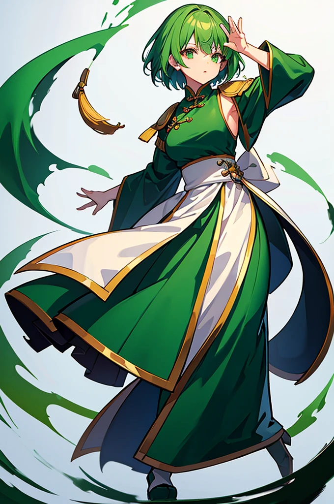 Green Hair、Her hair is short、small breast、upright stance、full body、Fighter、male、Uniform、Chinese Knight、Chinese style、White background、No exposure、China dress、pants、band、front、White clothes、Kung Fu