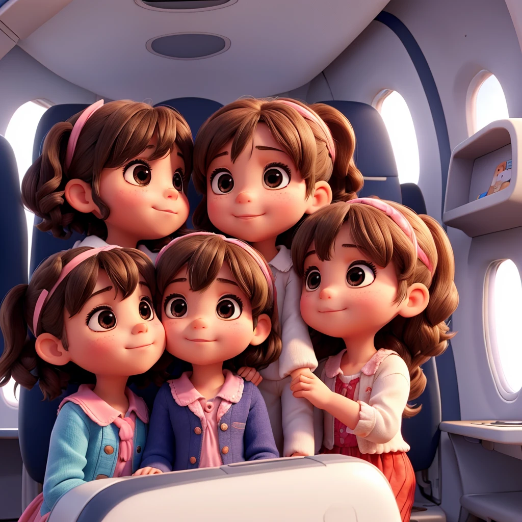 Several little girls, inside a plane, kissing