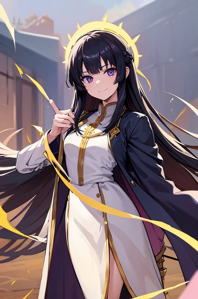 Highest quality, masterpiece, High resolution, alone, （Fire emblem），（FE Heroes_Ayla），Evening sky_background，Young Girl，（smug face），（black_Hair Color）, （Straight Long_Hairstyle），4K, masterpiece,， alone, 1,whole body，looking at the camera, White Domaru，（Long sword），（human_ear），（purple_coat）Sharp Eyes，（Full Finger）, （Cane_Swing up）, （The finer details）, （Anatomically correct）, (映画のbackground), Hyper Detail, (Subtle details), (Intricate details)