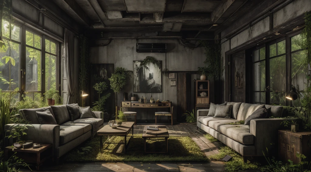 8K, Realistic, truth, High resolution,  6000K, Black Radio, living room, Overgrown SZ_4po environment、Decadent、night