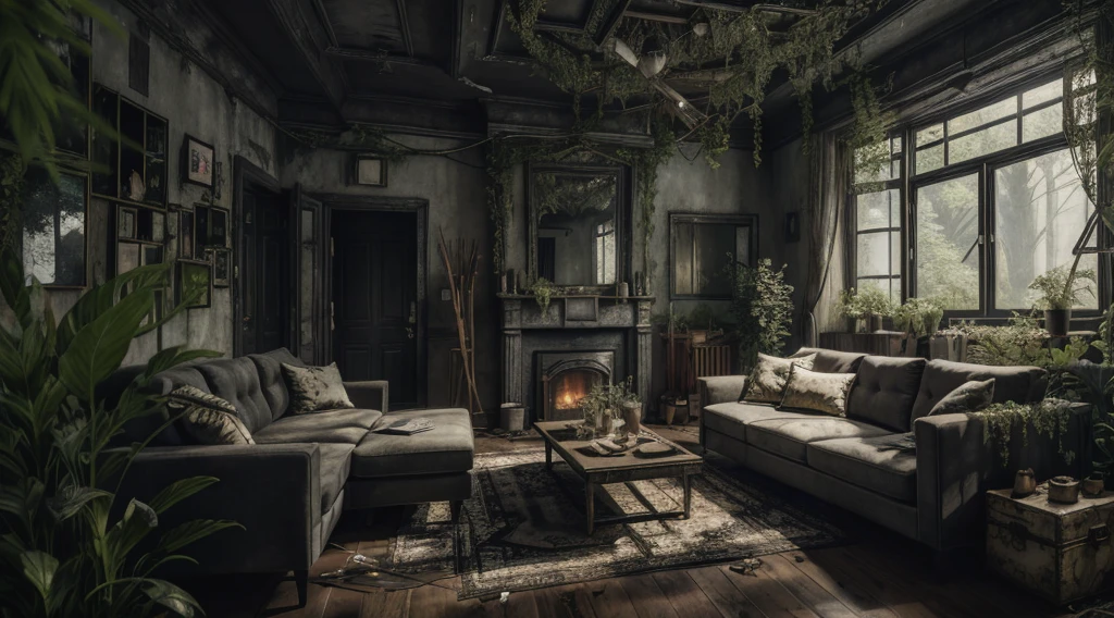 8K, Realistic, truth, High resolution, 6000K, Black Radio, living room, Overgrown SZ_4po environment、Decadent、night