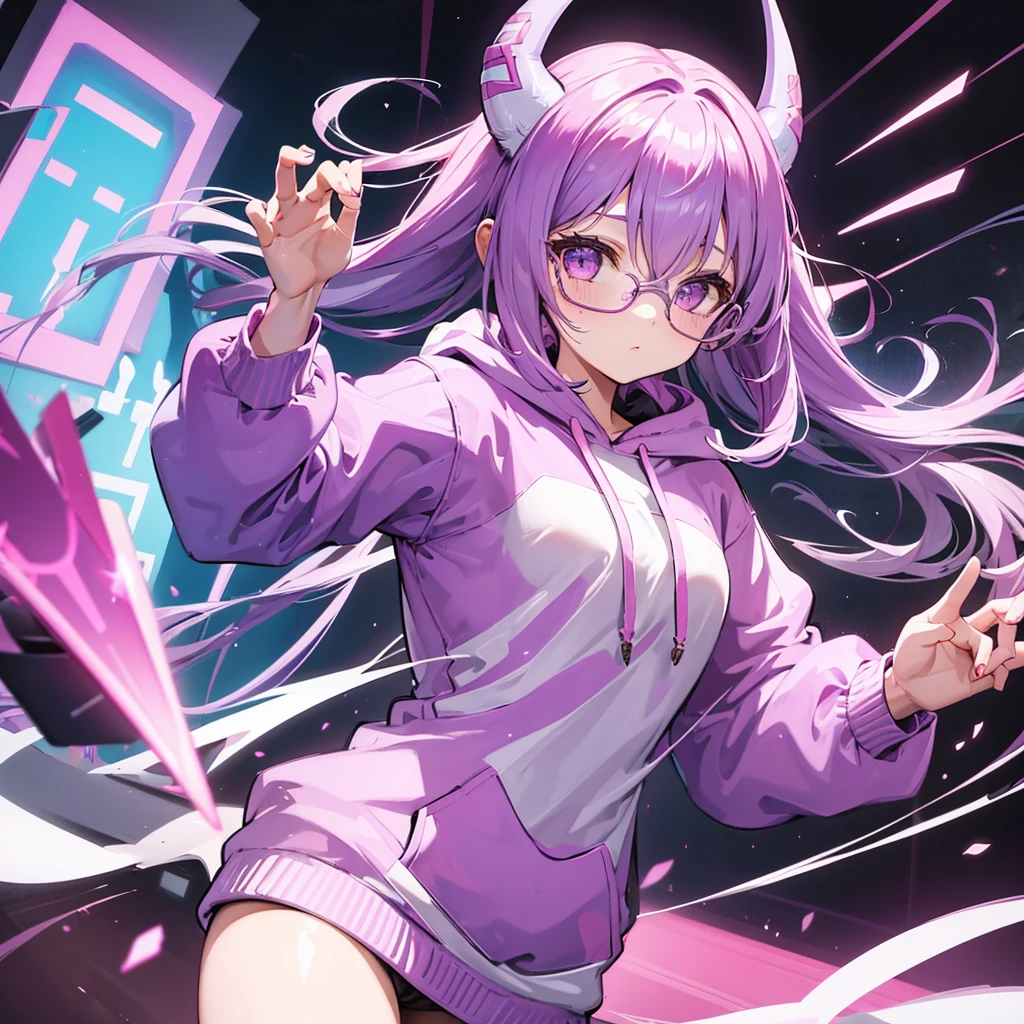 A  girl with light purple hair and pink glasses and a hoody and small horns 